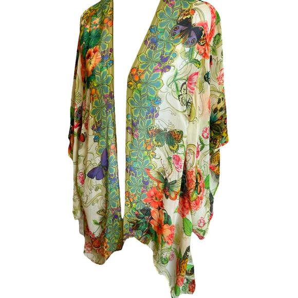 Johnny Was Silk Cover-Up Kimono Butterflies Floral Boho Chic Gypsy Beach Resort - Picture 8 of 11
